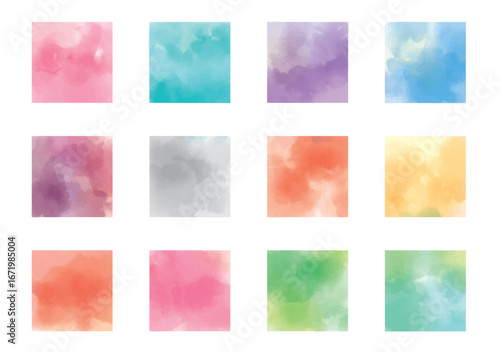 水彩, アイコン, 絵の具, ペイント, セット, 正方形, デコレーション, カラフル, 四角, ウォーターカラー, ベクター, 模様, 質感, ボタン, おしゃれ, 水溶性, オレンジ, 青, 緑, ピンク, ワンポイント, タイトル, パーツ、手書き、イラスト