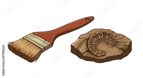 Detailed illustration of a fossilized ammonite and a paintbrush