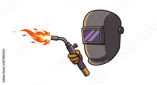 Welder's Mask and Torch with Fiery Flame Illustration
