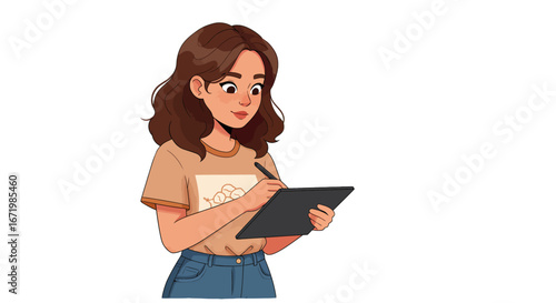 Young Woman Digitally Drawing with Stylus on Tablet