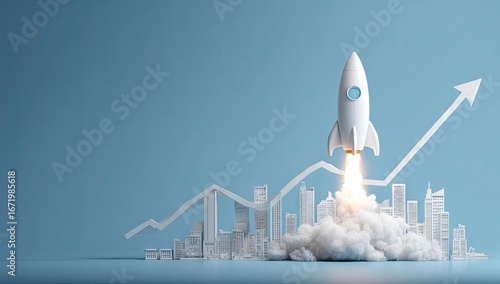 A rocket blasts off above a city, with an upward trend line, blue background