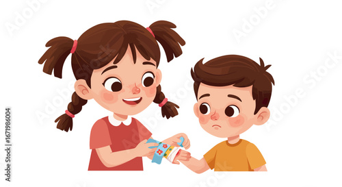 Kind cartoon girl with pigtails applying a decorative floral bandage to a sad boy's injured arm.