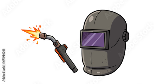 Cartoon illustration of a gray welding helmet and a sparking MIG welding torch with orange flames.