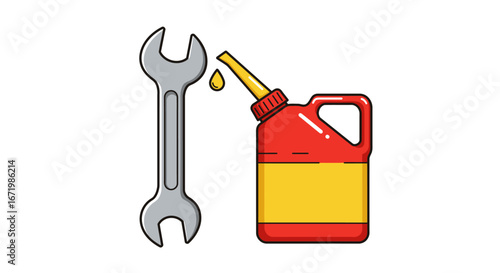 Silver Wrench and Red Gas Can with Dripping Yellow Liquid