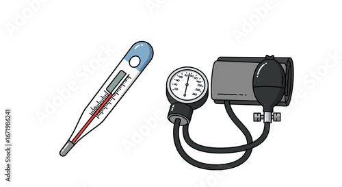 A classic glass thermometer and a manual blood pressure monitor with a gauge, illustrated in a simple cartoon style.