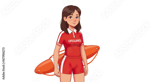 Young female lifeguard character in a red uniform with white stripes, holding an orange rescue can.
