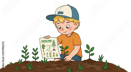 Young boy in baseball cap planting seedling, holding instructional diagram