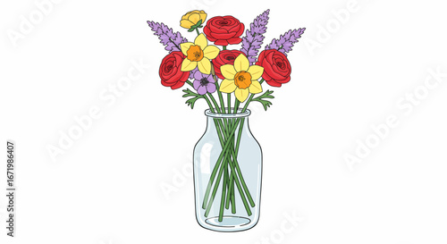 Colorful hand-drawn bouquet of ranunculus, daffodils, and lavender in a clear glass vase.