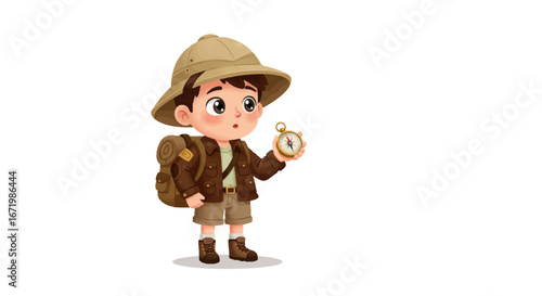 Cute cartoon boy explorer in a pith helmet and safari gear holding a golden compass.
