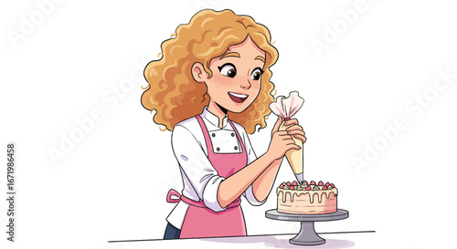 Animated Female Pastry Chef Piping Cream onto Cake