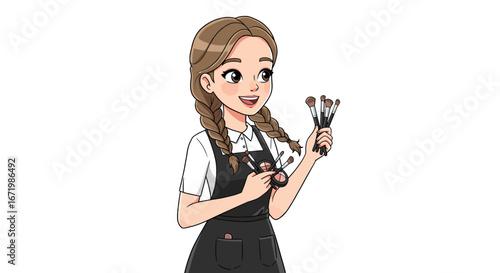 Cheerful cartoon makeup artist with brown pigtail braids wearing a black apron and holding brushes.