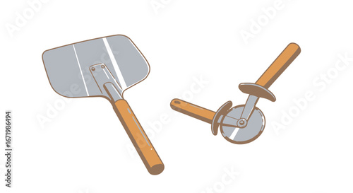 Two Pizza Utensils: A Metal Pizza Peel and a Pizza Cutter