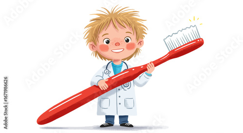 Cheerful young boy dressed as dentist holding a giant red toothbrush