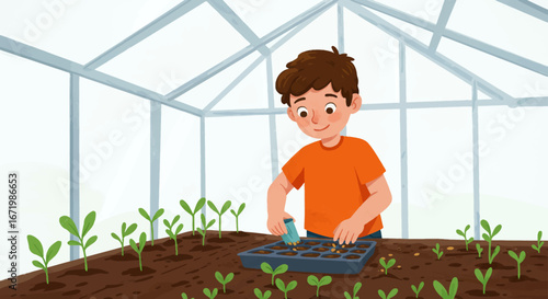Happy young boy with brown hair in an orange shirt carefully planting seeds in a germination tray.