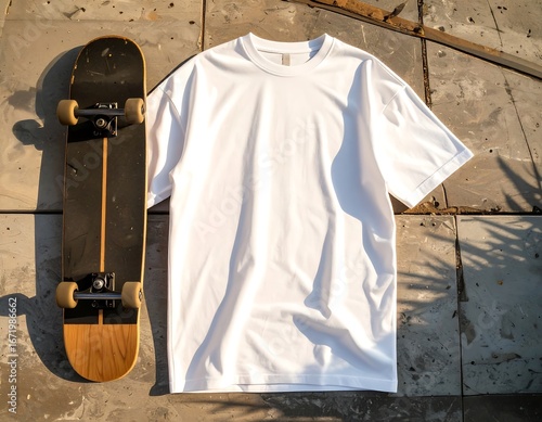 White t-shirt mockup with skateboard on urban pavement in warm outdoor sunlight.