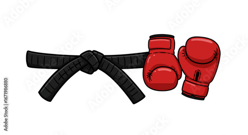 Hand-drawn illustration of a knotted black martial arts belt and a pair of red boxing gloves.