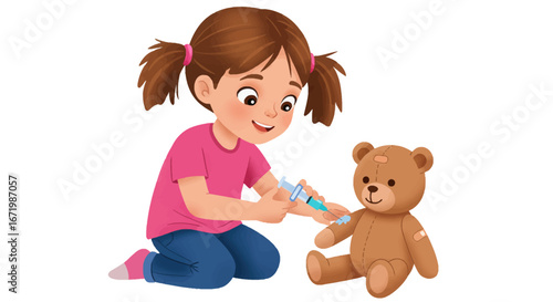 Cartoon Teddy Bear Receiving a Shot from a Girl with Brown Hair