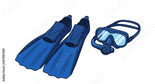 Illustrated blue scuba diving equipment set featuring a pair of flippers and a mask.