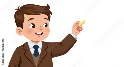 A cheerful cartoon schoolboy in a brown suit and tie, holding a piece of yellow chalk to write.