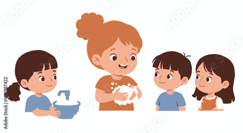 Cute cartoon children learning about hygiene and washing hands with soap and water.