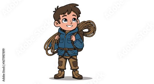 Happy cartoon boy adventurer in a blue jacket, carrying a backpack and a coiled climbing rope.