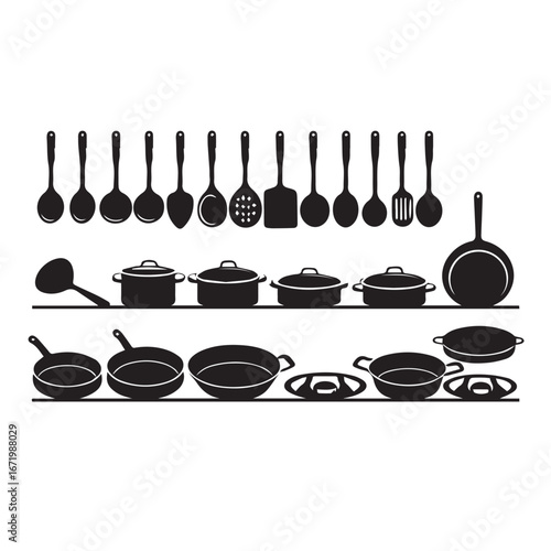 Vector art of collection of kitchen utensils and cookware silhouettes