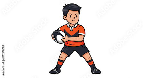 Cartoon Rugby Player Holding Ball in Orange and Black Uniform