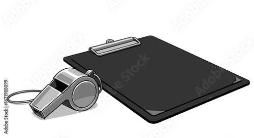 A classic silver metal coach's whistle with a lanyard resting beside a black clipboard with a shiny clip.