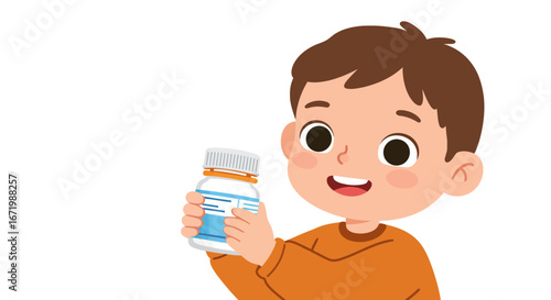 Illustrated young boy with brown hair and a curious smile holding a white medicine bottle.