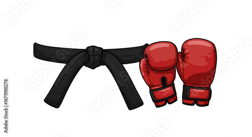 Black Martial Arts Belt Tied Next to Red Boxing Gloves