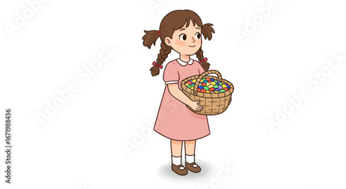 A cute cartoon girl with braided pigtails and a pink dress holding a wicker basket full of colorful Easter eggs.