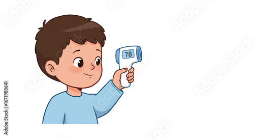 Cartoon Boy Holding Thermometer, Checking Temperature, Health Illustration.