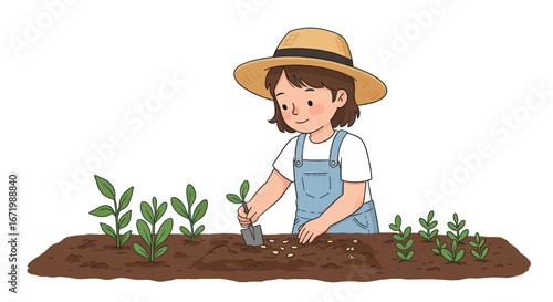 Cute cartoon girl in straw hat and overalls planting a green seedling with a trowel in brown soil.
