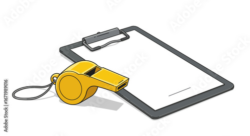 Illustrated yellow sports whistle with a lanyard resting on a grey clipboard with blank paper for notes.