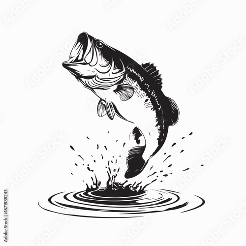Bass Fish Jumping Out of Water Vector Illustration Design on white background