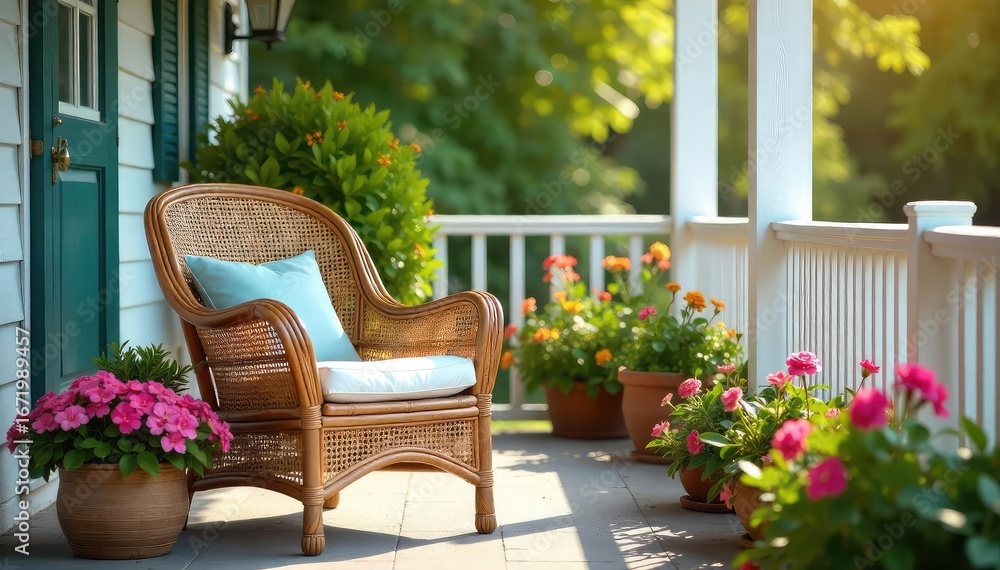 Fototapeta premium A rustic cane chair sits on a sun-drenched porch, surrounded by vibrant summer blooms Enjoy the lazy days of summer with this comfortable and stylish seating , cottage, woven