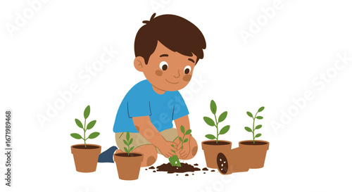 Happy young boy with brown hair and a blue shirt carefully planting a green seedling in soil.
