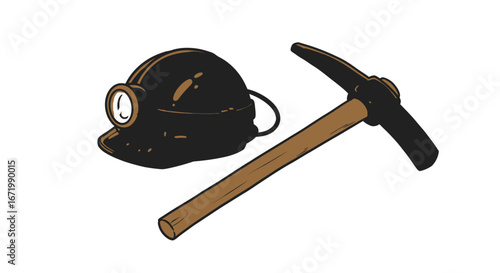 Cartoon Miner's Helmet with Headlamp and Brown Pickaxe Illustration