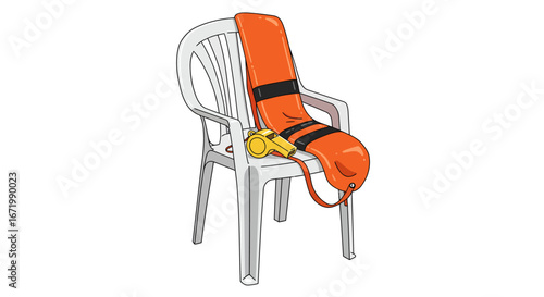Cartoon Lifeguard Equipment on a White Plastic Chair Illustration