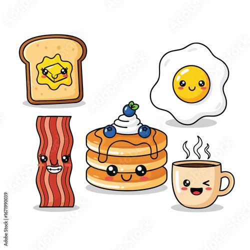 A cute set of kawaii breakfast food characters with smiling faces including pancakes egg bacon toast and coffee.