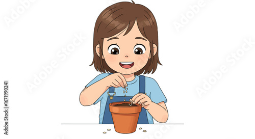 Cheerful Girl Planting Seeds in a Terracotta Pot, Smiling Happily