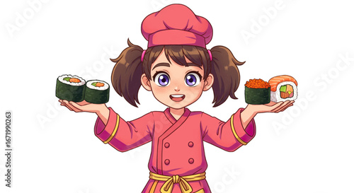Cheerful Cartoon Chef Girl Presenting Delicious Sushi Rolls