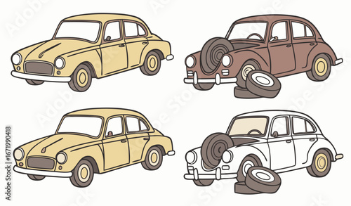 Broken vintage cars vector illustrations set. Collection of cartoon drawings of damaged or abandoned rusty old automobiles with flat tires isolated on white background. Car repair service concept 