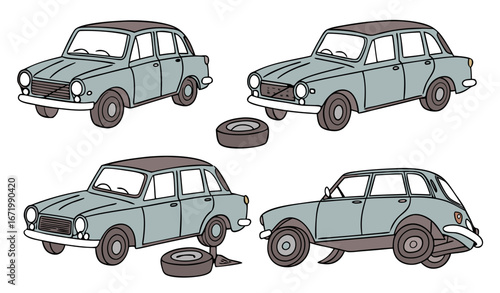 Broken vintage cars vector illustrations set. Collection of cartoon drawings of damaged or abandoned rusty old automobiles with flat tires isolated on white background. Car repair service concept 