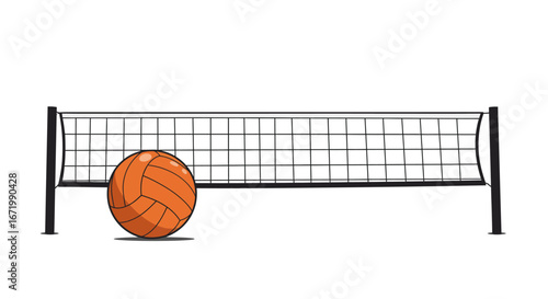 Orange Volleyball Resting Beside a Black Net on a White Background