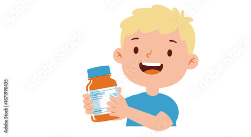 Happy Blond Boy Cheerfully Holding Orange Medicine Bottle