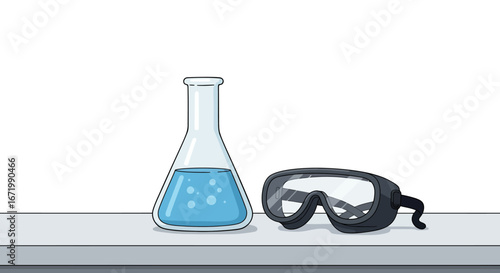 Laboratory Flask with Blue Liquid and Safety Goggles