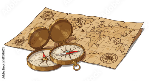 Antique Style Compass and World Map Illustration with Detailed Cartography
