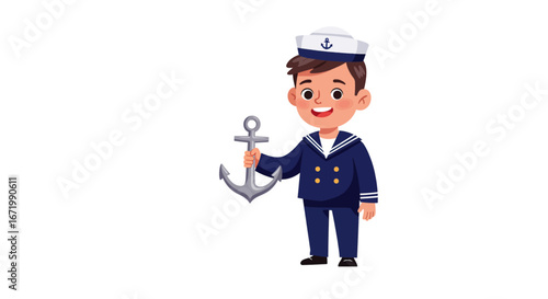Cartoon Sailor Boy Holding a Gray Anchor with a Smiling Expression