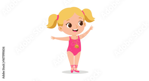 Cheerful blonde cartoon girl in a pink leotard with a whistle, posing like a coach or ballerina.